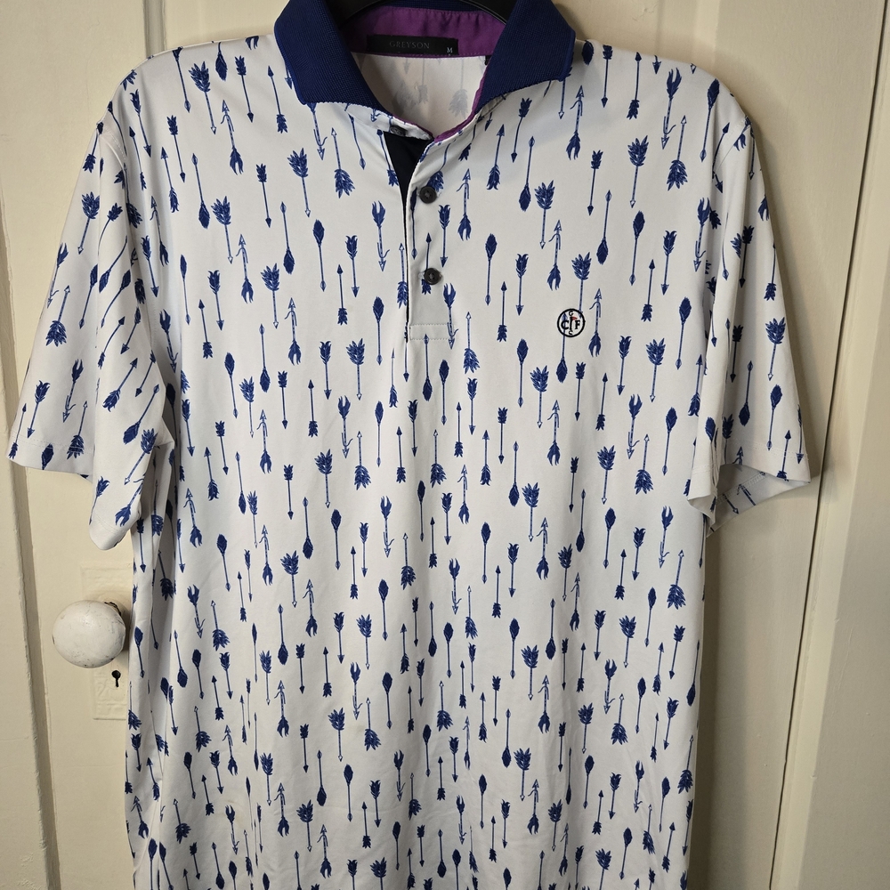 Greyson White Polo with Blue Arrow Design